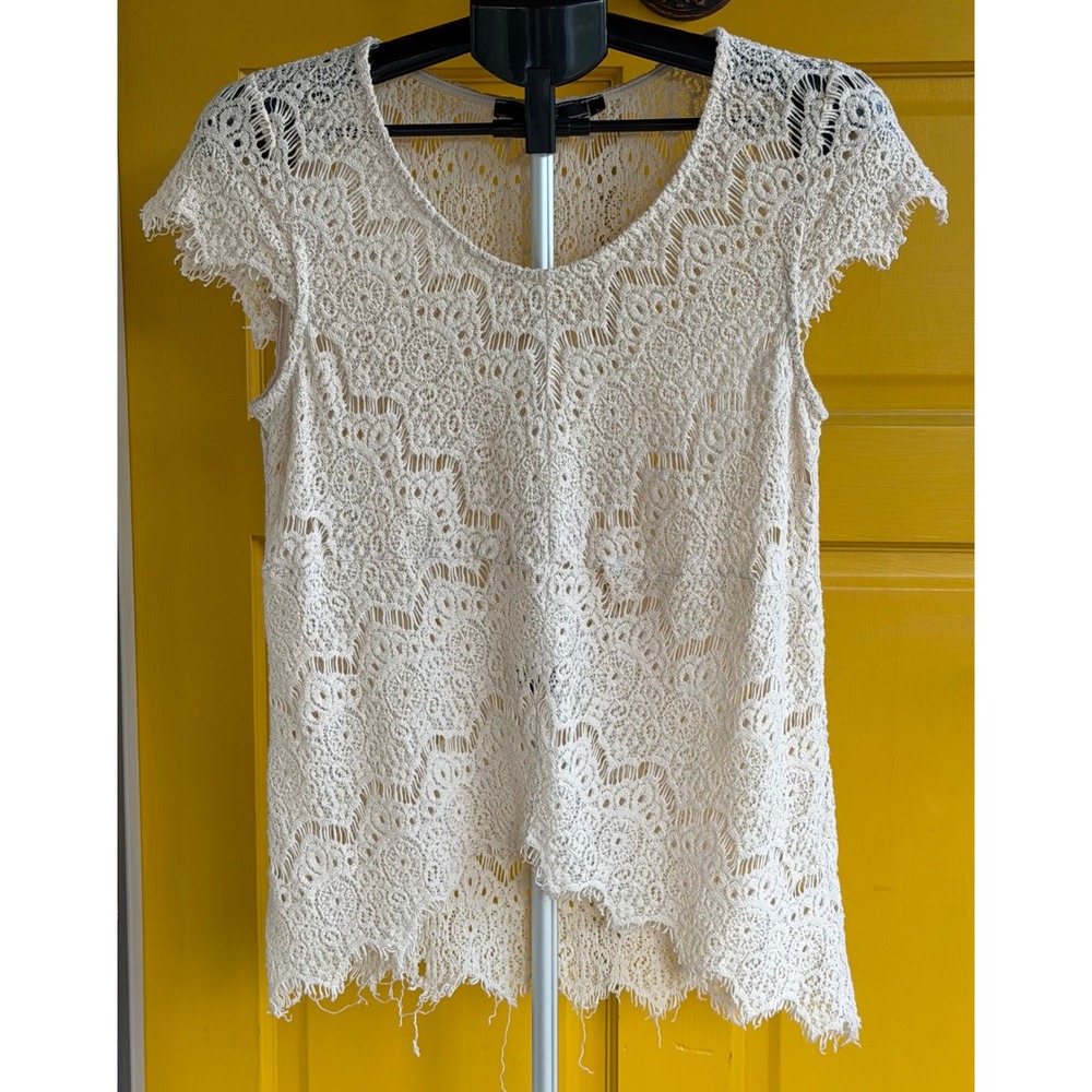 Dulcie Knit Dirty Fairy Blouse Cream Lace Frayed Hem Boho Top SKU565